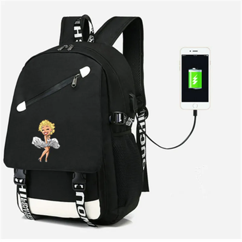 

Funny Marilyn Monroe Einstein Backpack USB Bag travel School Bag USB Fashion teenagers Casual Laptop bag
