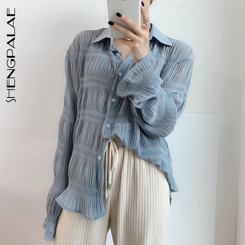 

SHENGPALAE New 2019 Summer Spring Korea Style Hollow Out Turn-down Collar Full Sleeve Single Breasted Women Loose Shirt FR276