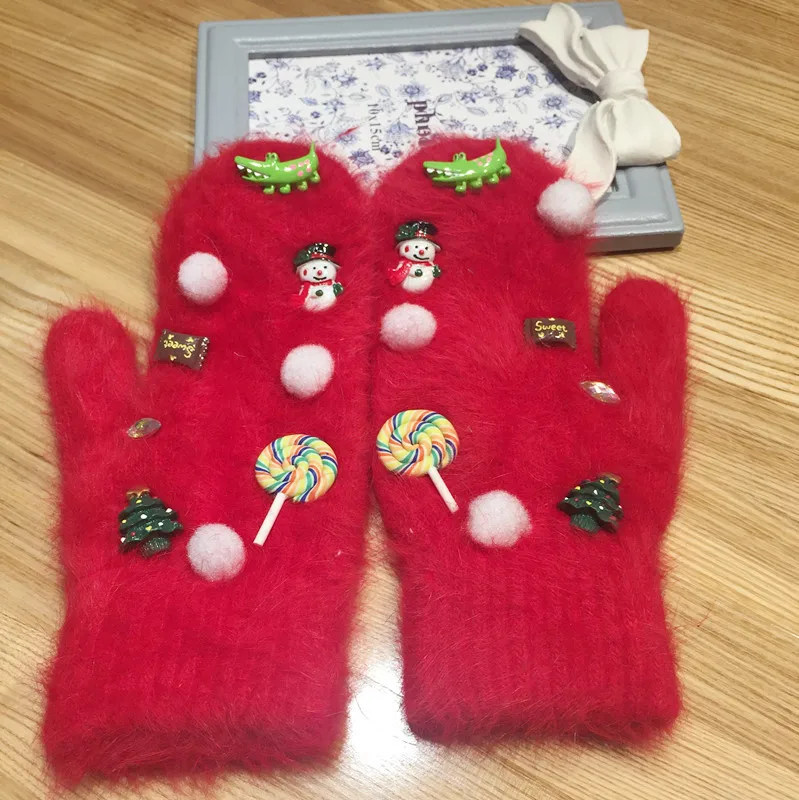 

Woman gloves Winter Christmas Happy Original Manual Korea Jewel Dinosaur Candy Keep Warm Rabbit's Hair Even Finger Glove