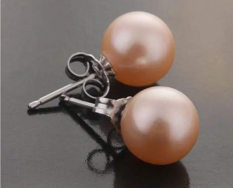 

8-9mm AAA round natural south seas gold pink pearl earrings white gold