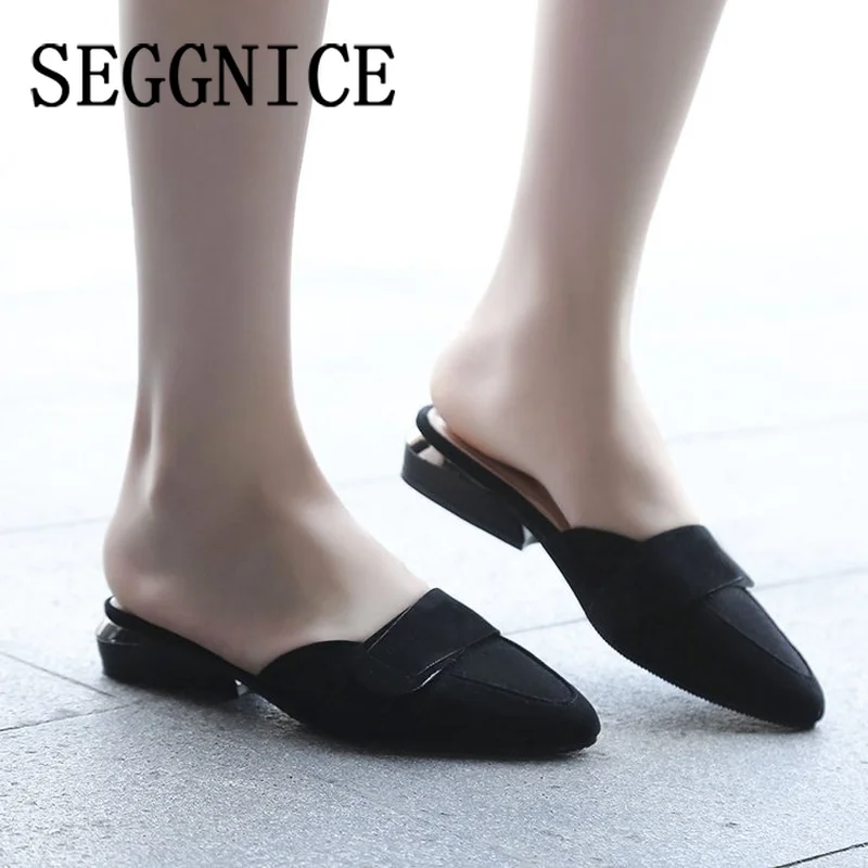

SEGGNICE Women Slippers Flock Pointed Toe Fashion Low Heels Shoes Work Flats Shoes Spring Summer Plus Size Elegant Woman Slipper