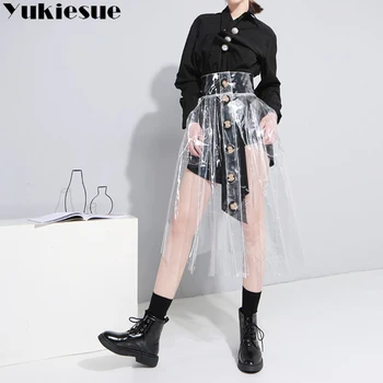 

harajuku vintage skirt women 2018 summer spring korean midi skirt button A-line casual PVC plastic skirts womens jupe femme