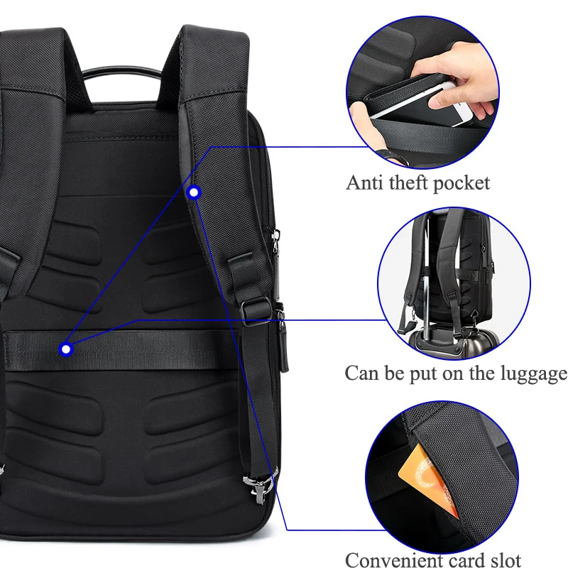 15.6 Inch Notebook Backpack Black Contractive Leather Backpack for Men USB Charging Male Travel Bac - 32829876212