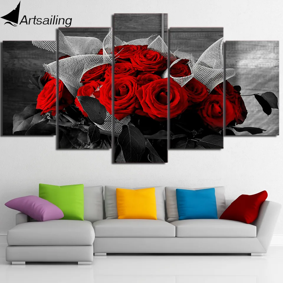 ArtSailing 5 panel wall art on canvas Beautiful Red Rose Modular large