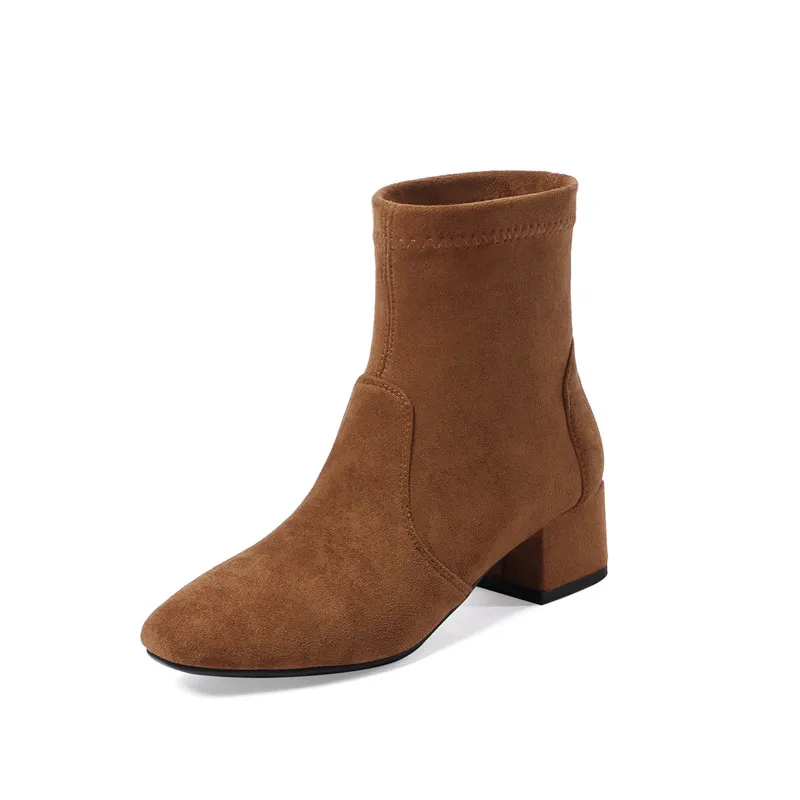 Новая женская обувь ботильоны на высоком каблуке без застежки зимние растягивающиеся сапоги-носки элегантная обувь на высоком квадратном каблуке Женская обувь, большие размеры 32-44 - Цвет: Dark brown