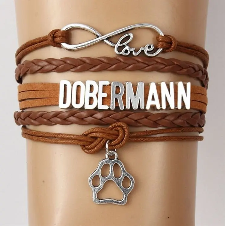 Браслет Infinity Love Dobermann подвеска собачья лапа кожаный плетеный браслет в виде щенка