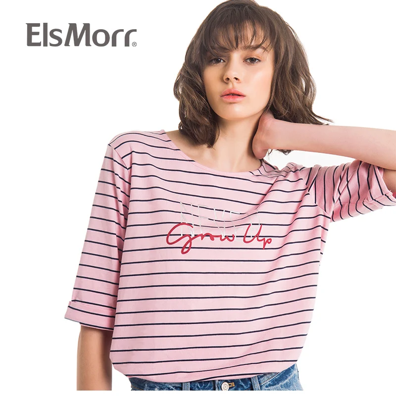 

T Shirt Women Striped Half Sleeve Tshirt harajuku Loose T-shirts Modis 2019 New tee shirt Summer Print Cotton Tee Ladies ElsMorr