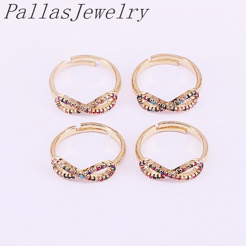 

10Pcs Gold Filled Charm Rings Trendy Pave Colorful CZ Party Open Adjusable Rainbow Zirconia Rings For Women