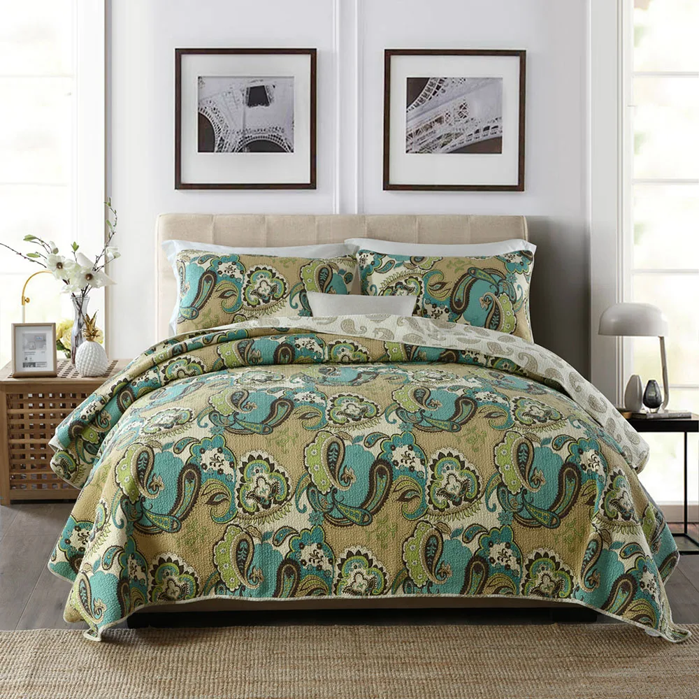 

CHAUSUB Paisley Cotton Quilt Set 3PCS Bedspread on the Bed Blanket Bed Cover with Pillowcase King Queen Size Summer Coverlet Set