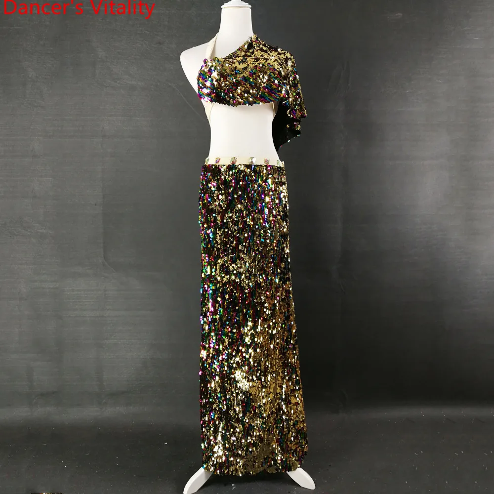 

Customized Belly Dance Practice Clothes Sequin Single Shoulder Bra Skirt Set Oriental Indian Dance Wear Performance Costume Suit