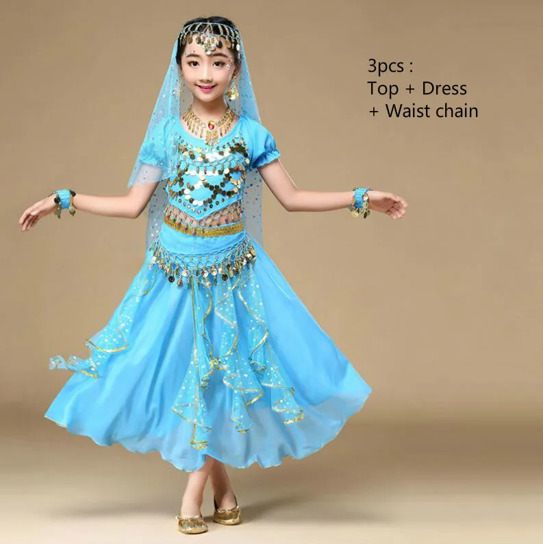 5 цветов, костюмы для танца живота, Детские Костюмы Болливуда для индийского представления, танцевальная одежда, детские костюмы для восточных танцев, комплект одежды для девочек - Цвет: 3pcs  light blue