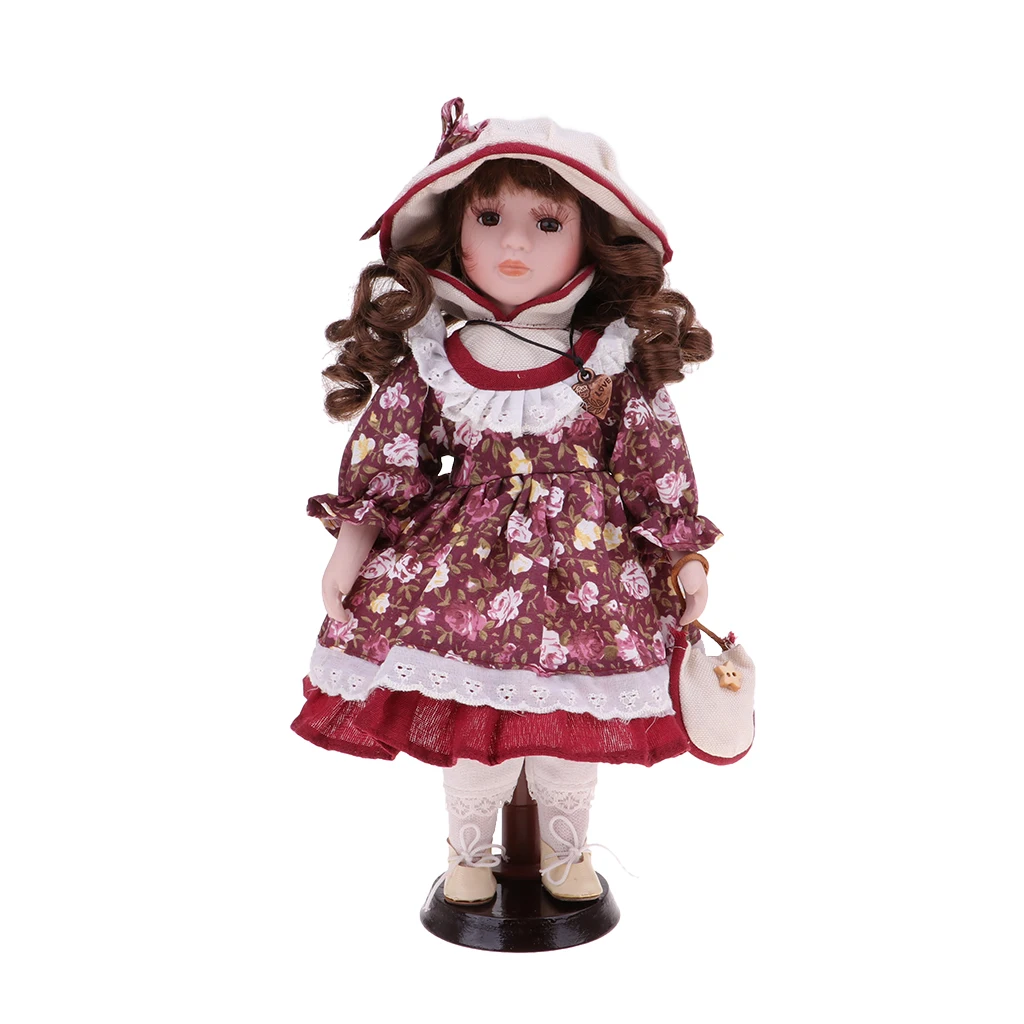 30cm Porcelain Doll Victorian Girl Standing Figures with Wooden Stand Kids Adult Collections Porcelain Dolls Collectible