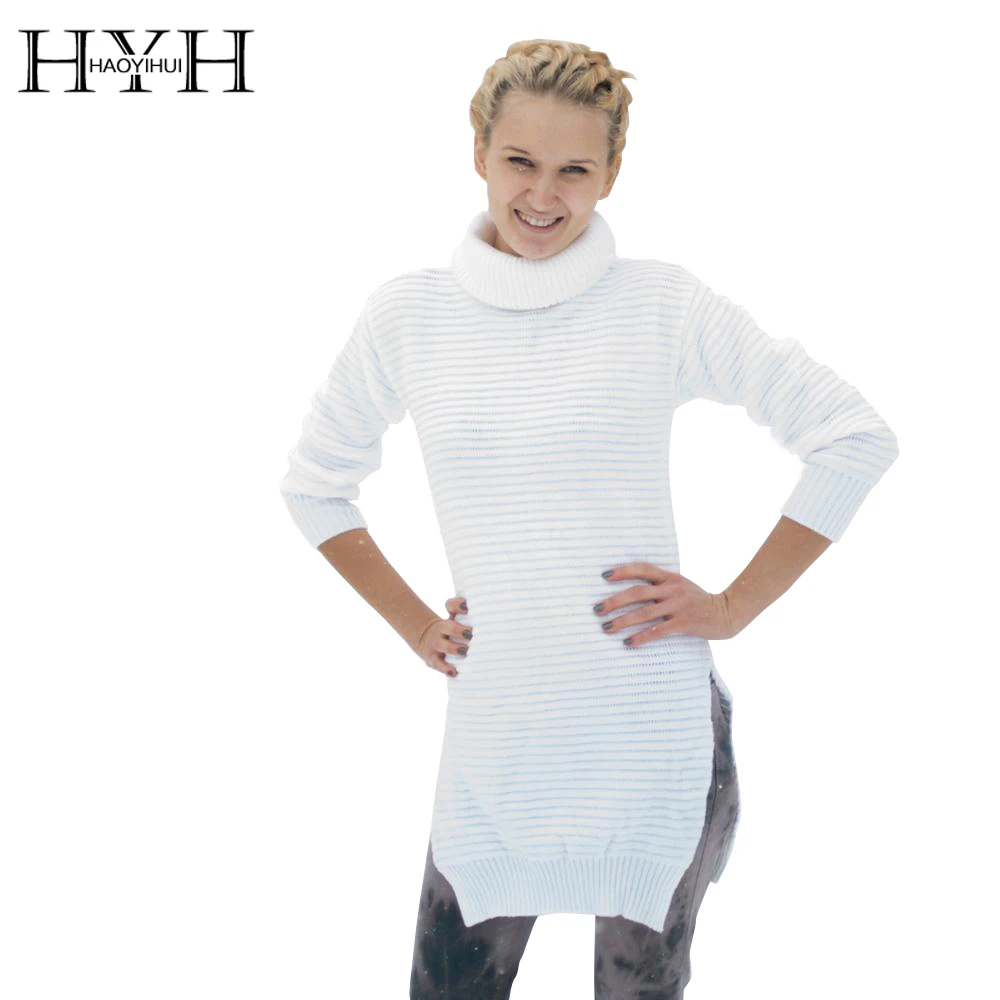 

HYH HAOYIHUI 2016 Brand New Women Sweater Fashion Hollow Out Long Sleeve Shaping Split High Collar Solid White Knite Sweater