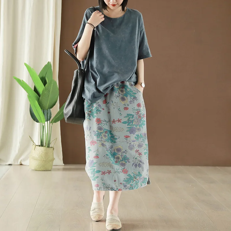 

2019 New Summer Woman Vintage Denim Long Skirt Floral Print Pocket Loose Casual Jeans Skirt Female Elastic Waist Oversized Skirt