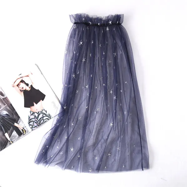 Женская Летняя Сексуальная кружевная длинная юбка с высокой талией и вышивкой в виде звезд, Корейская винтажная Тюлевая сетчатая Прозрачная Юбка средней длины D166 - Цвет: Синий