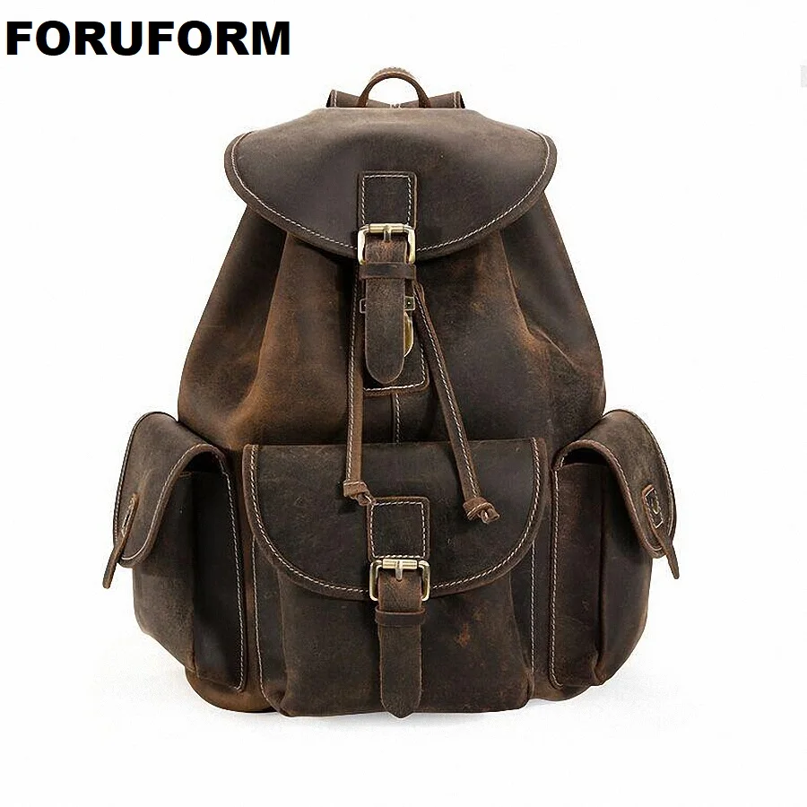 Vintage Crazy Horse Genuine Leather Backpacks Men's Backpack Saddle