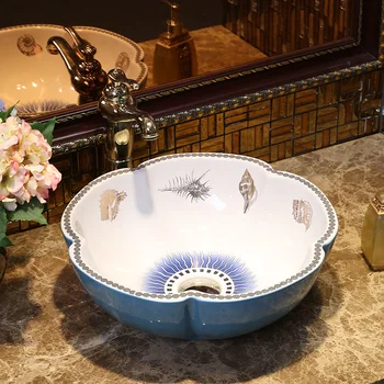 

China Painting Flowers shape Ceramic Painting Art Lavabo Bathroom Vessel Sinks counter top wash basin