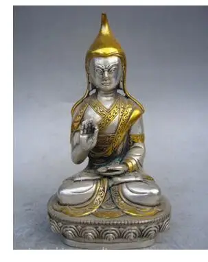 

Резные тотем 13 см */Китай Тибет коллекция серебряным покрытием золото Цонкапа статуя Будды Искусства Бронзовая скульптура украшение дома