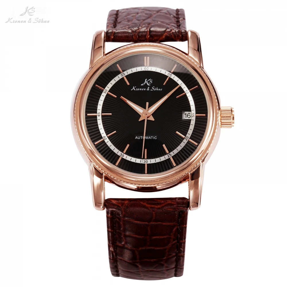KS Black Dial Rose Gold Stainless Steel Case Date Display Automatic Mechanical Fluorescence Hands Leather Strap Men Watch /KS234 KS Black Dial Rose Gold Stainless Steel Case Date Display Automatic Mechanical Fluorescence Hands Leather Strap Men Watch /KS234