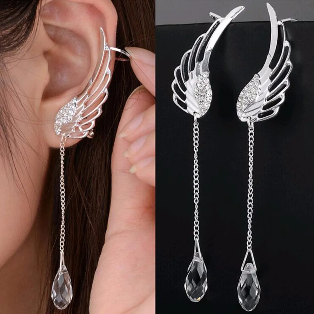 KISSWIFE Silver Plated Angel Wing Stylist Crystal Earrings Drop Dangle