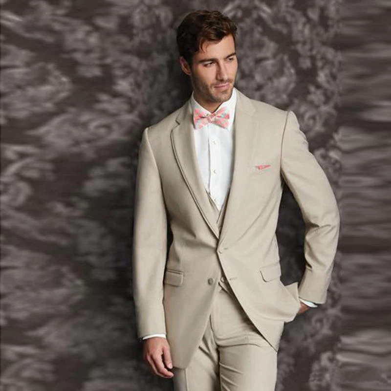 

Slim Fit Beige Wedding Suits 2019 Groom Tuxedos 3 Pieces (Jacket+Pants+Vest) Bridegroom Men Suits Best Man Blazer Prom Wear