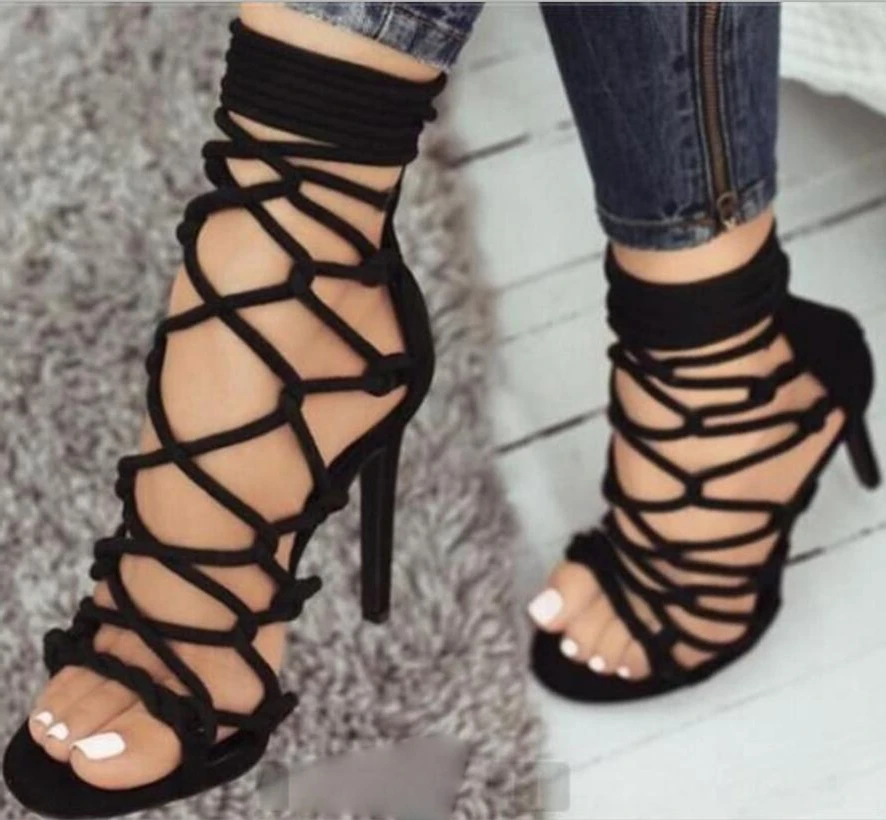 

Women Sexy Sandals Pumps Open Toe cross-tied Lace Up Zapatos Mujer Ladies Cut Out Shoes Woman Chaussure Thin High Heels F181666