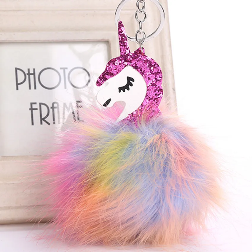 

Juelee Colorful Fluffy Unicorn Keychain Pompom Rabbit Fur Key Chain for Women