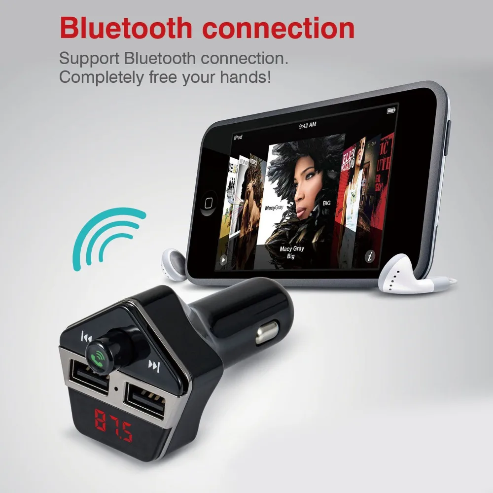 Dual USB Port Car Chargers Bluetooth FM Transmitters Handsfree Phone