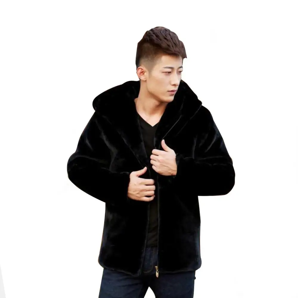 Зимние ботинки на искусственном меху Для мужчин пальто теплая короткая куртка с капюшоном Тонкий молнии искусственной верхняя одежда из норки пальто четыре Цвет - Цвет: black
