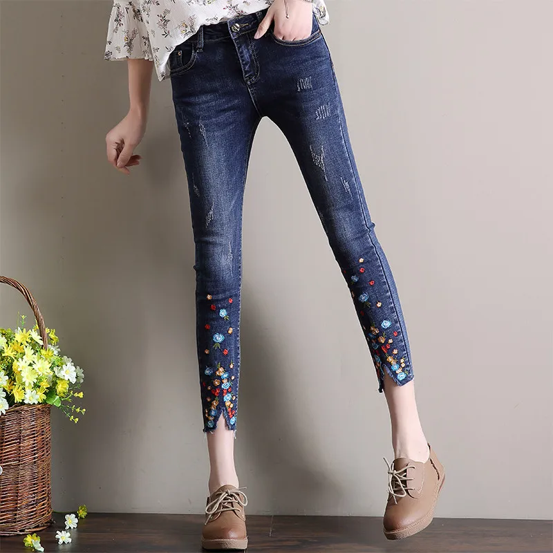 

New Spring Demin Pants Summer Rhinestone Beading Ankle Length Jeans Female Oversized Stretch Pencil Pants Slim Trousers Plussize