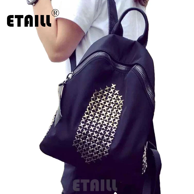 

2016 Vintage Preppy Women Waterproof Oxford Backpacks Men's Travel Bag School Black Rivet Backpack Women Female Rucksack Bags