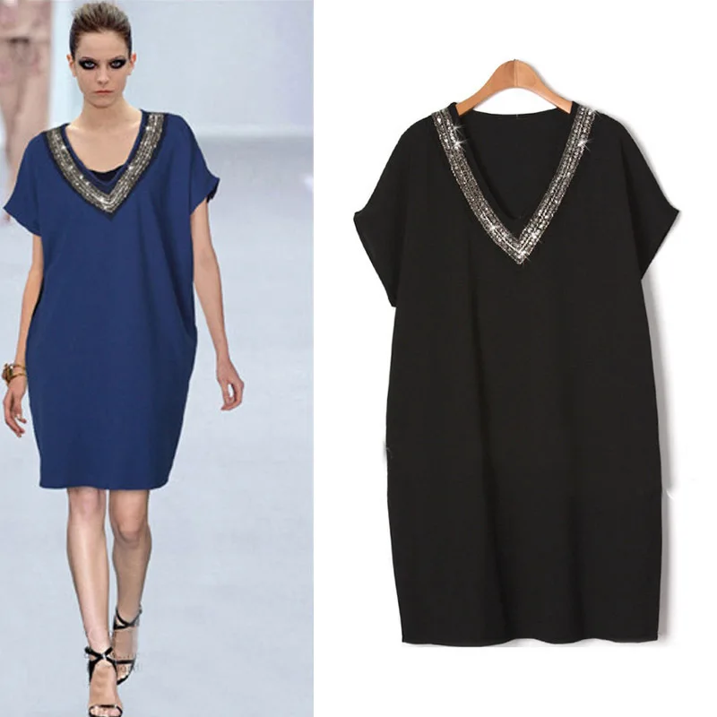 JOGTUME модное платье с блестками летнее женское свободное платье голубое черное с коротким рукавом с v-образным вырезом женское повседневное Vestidos плюс размер 5XL