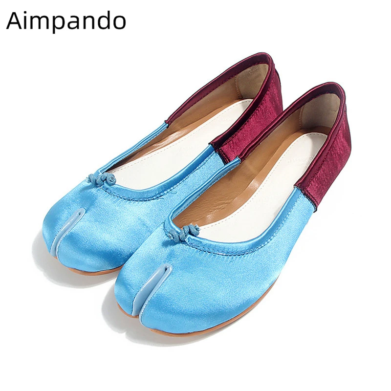 Newest Patchwork Split Toe Flat Shoes Woman Mixed Color Luxury Satin Butterfly-knot Slip On Ballet Flats Spring Women Shoes