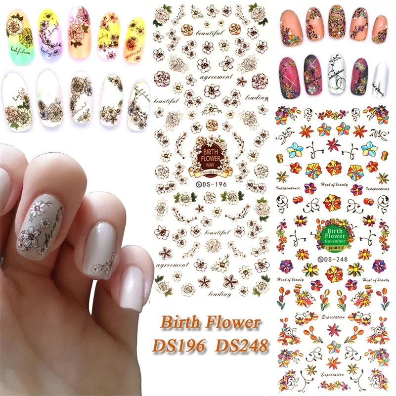 

DS196 DS248 DIY Nail Design Water Transfer Nails Art Sticker Birth Flowers Nail Wraps Sticker Watermark Fingernails Decals