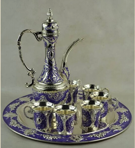 

Sets Handwork Tibet Silver Carving 1Tea Pot & 6 Wine Cup 1 Plate big flagon Decoration real Tibetan Silver Brass
