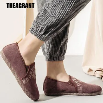 

THEAGRANT 2019 Spring Tranditional Hemp Flat Men Shoes Vintage Canvas Loafers Soft Slip On National Casual Shoes Man MFS3020