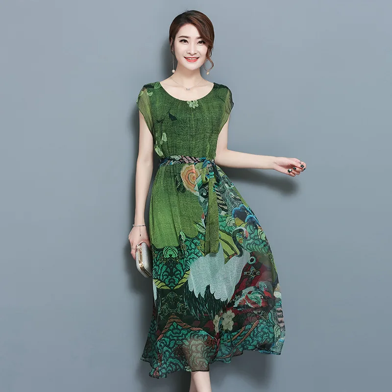 

Spring Summer Green Vintage Floral Print Dresses Women O-Neck Short Sleeve Silk Dress With Sashes Mid-Calf Vestidos Big Size 4XL