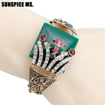 

2020 Turkish Vintage Flower Cuff Bracelets For Women Resin Crystal Bangle Bohemia Pastoral Style Natural Stone Jewelry Wholesale