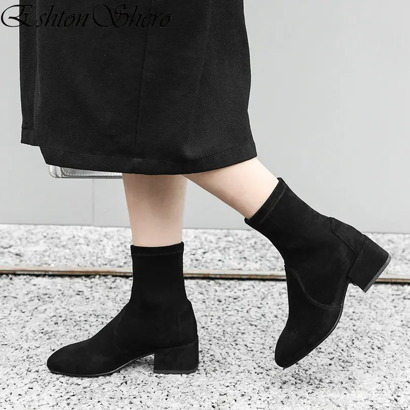 

EshtonShero Autumn Women Shoes Solid Woman Ankle Boots Flock+PU Pointed Toe Square Low Heel Ladies Motorcycle Boots Size 34-42