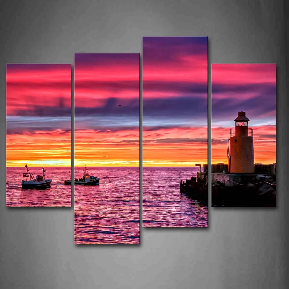 

4 Pics Framed Wall Art Picture Sunset Boats River Lighthouse Canvas Print City Modern Poster With Wooden Frame For Decor