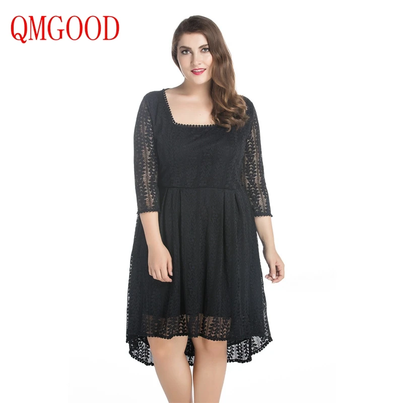 

QMGOOD Autumn Large Size Women Clothing 7XL Black Lace Dress Big Swing Asymmetry Square Collar Plus Size Party Fat MM Dresses
