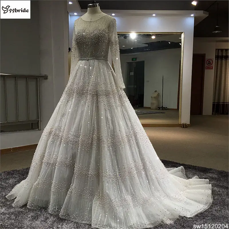 

New Arrived Customized Hand Sewing Pearls Wedding Dress A-line Long Royal Train Bridal Gown Boat Neck Backless Wedding dresses
