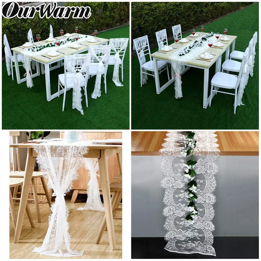 

OurWarm 1Set Wedding Decoration Fringe Edge Floral White Lace Table Runner and Chair Sashes Birthday Party Supplies Home Textile