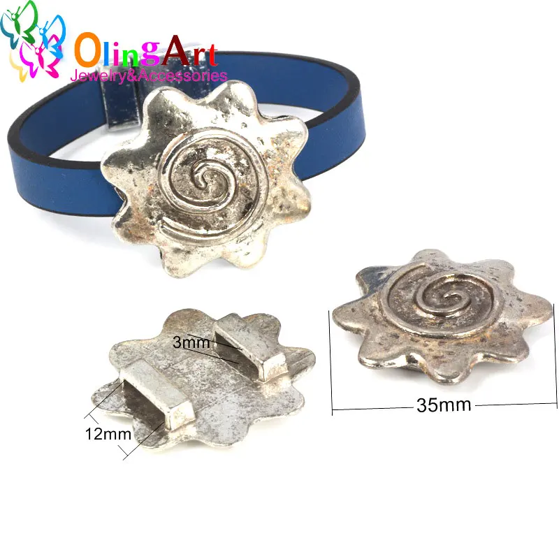 

35mm 2 Pcs/Lot fashion jewelry clasps Round Tibetan silver sun flower for flat leather cord bracelet DIY leather accessories