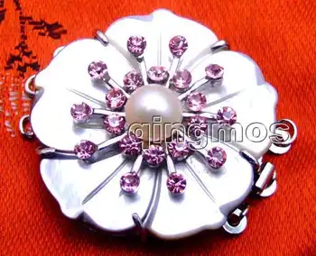 

Qingmos Big 40mm Flower Shell and 8mm pearl with Purple rhinestone three strands Clasp-gp76 Free shipping