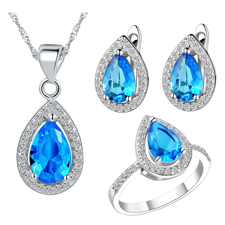 

Factory price wholesal Queen Blue Gift Women Ring Earrings Necklace White Filled Set