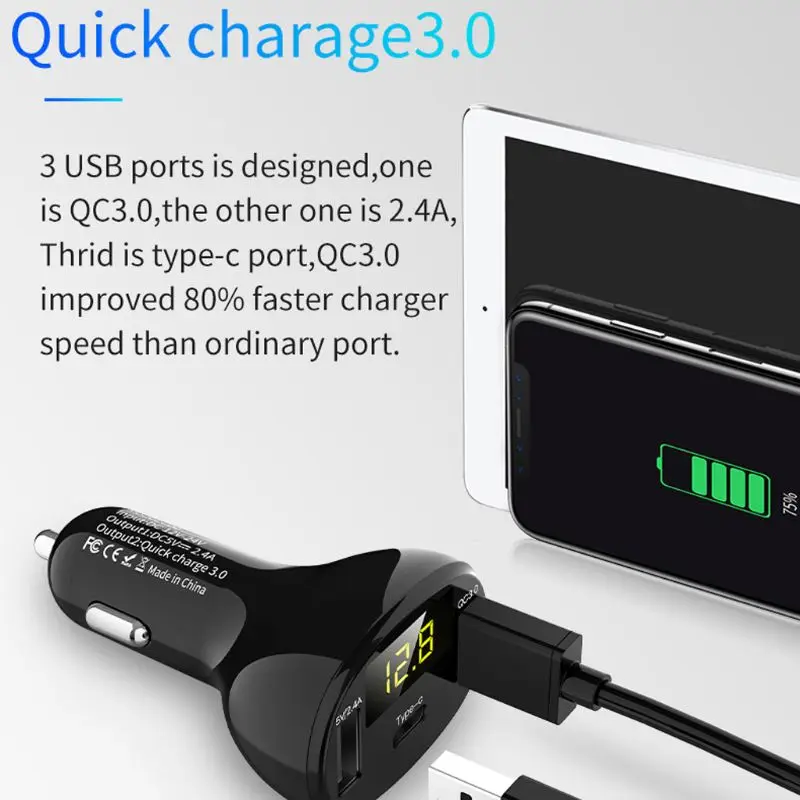  Dual USB Port QC 30 Typ C Auto Ladegerät LED Voltmeter Lade Adapter für Smartphone GPS Tablet DVR f