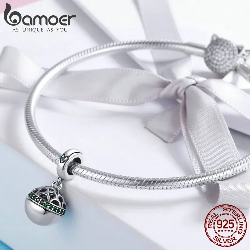 BAMOER 100% 925 Sterling Silver Love Gift Box Dangle Ball Charm Green CZ Charms Fit Bracelets & Necklaces DIY Jewelry SCC689-LB