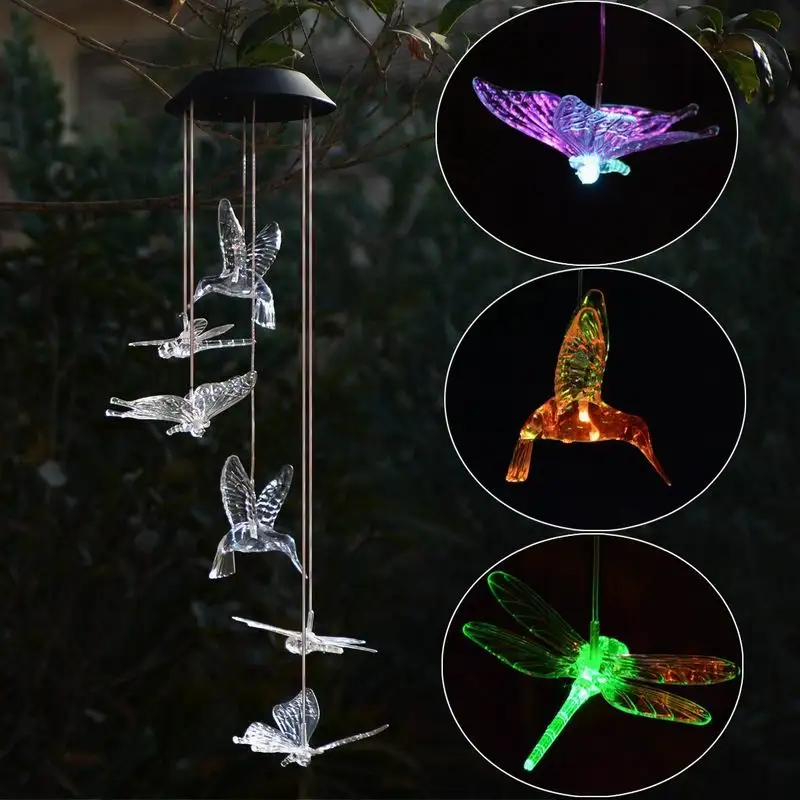 Chiclits Outdoor LED Solar Light Color-Changing Hummingbirds dragonfly Butterfly Wind Chime Lamp For Home Garden Decoration (8)