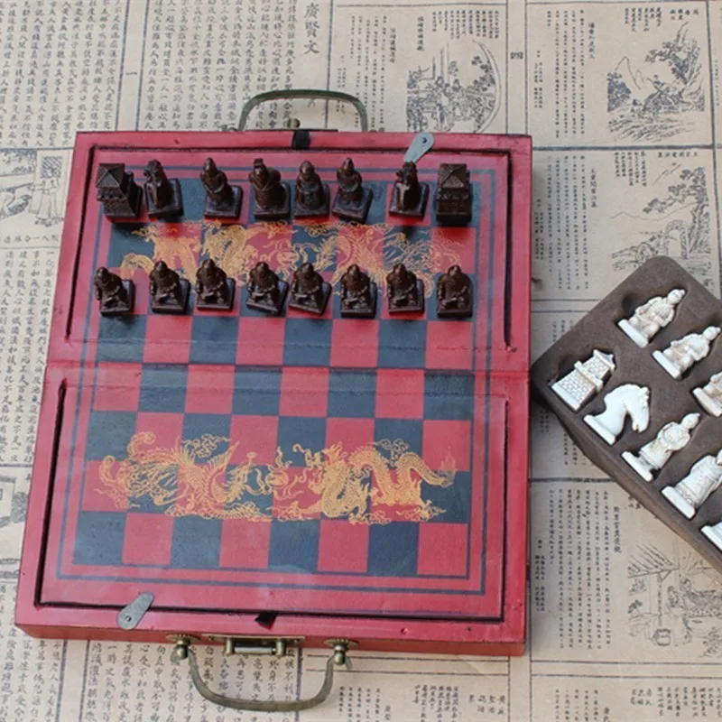 Antique Chess Terracotta Warriors Three-dimensional Chess Pieces Wooden Folding Chessboard Small Christmas Gifts Easytoday vikings odin warriors battleship tall beer mugs bar christmas gifts